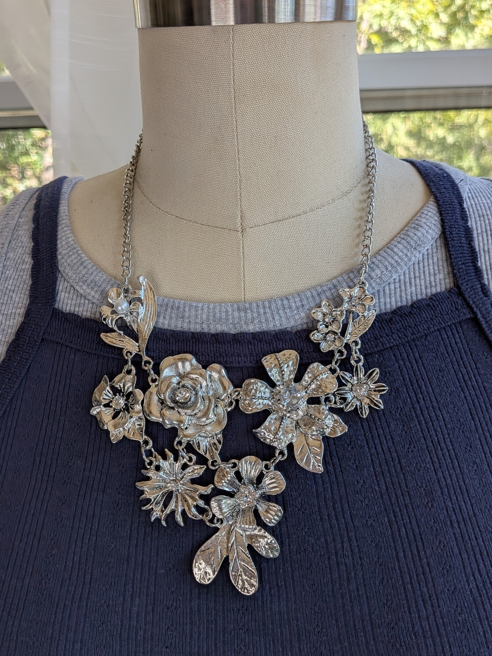 Silver Floral Statement Necklace Rhinestone Pearl Accents Chunky Botanical